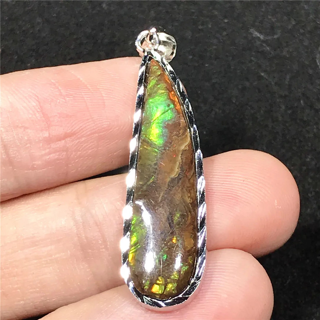 Natural Green Ammonite Ammolite Silver Necklace Pendant Jewelry For Woman Men Luck Rare Gift Crystal 32x8mm Beads Gemstone AAAAA