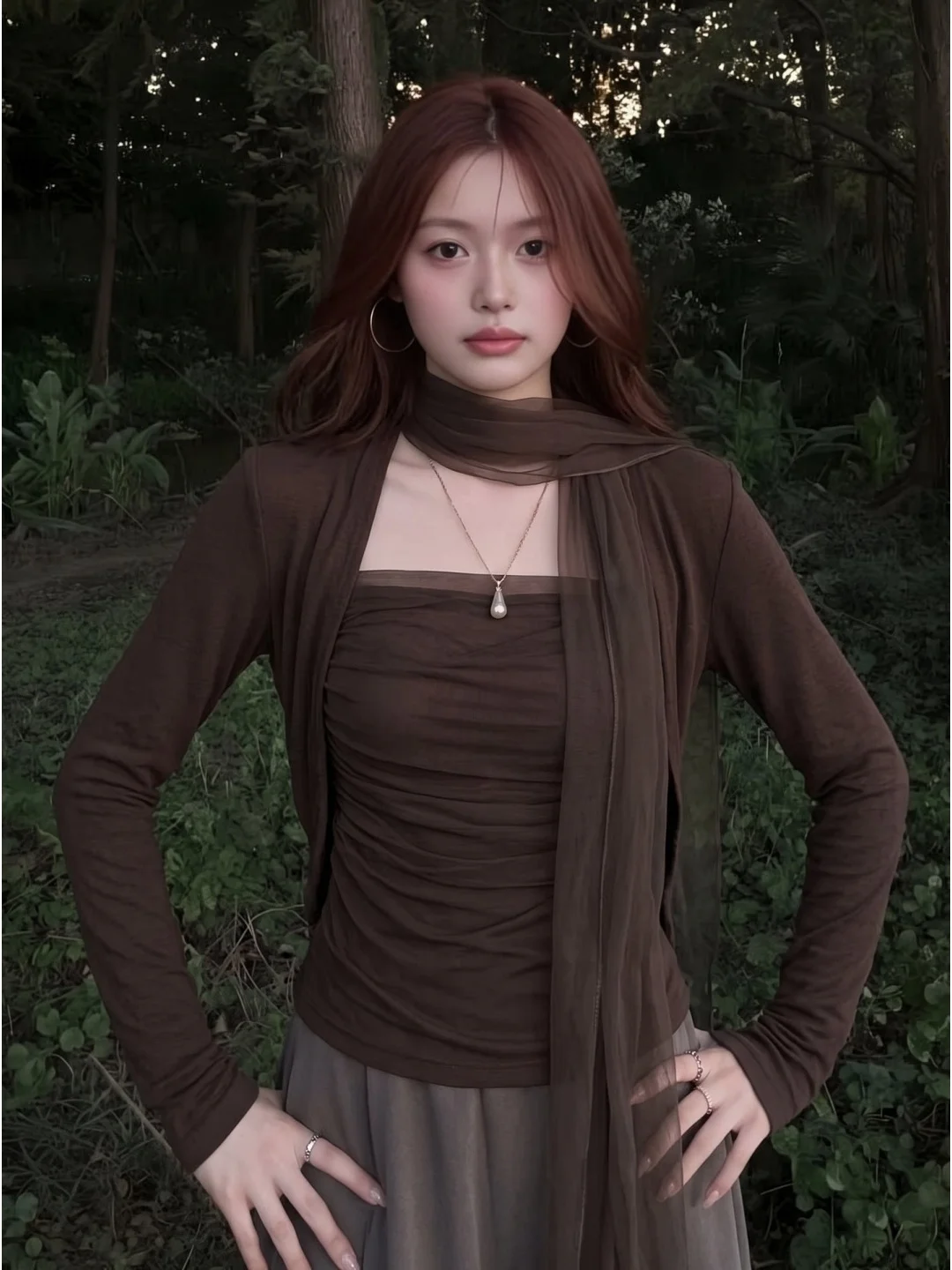 Café Brown Mesh Scarf Shoulder Length Long Sleeve Women's T-shirt Slimming Korean Style Top for Autumn Casual Breathable