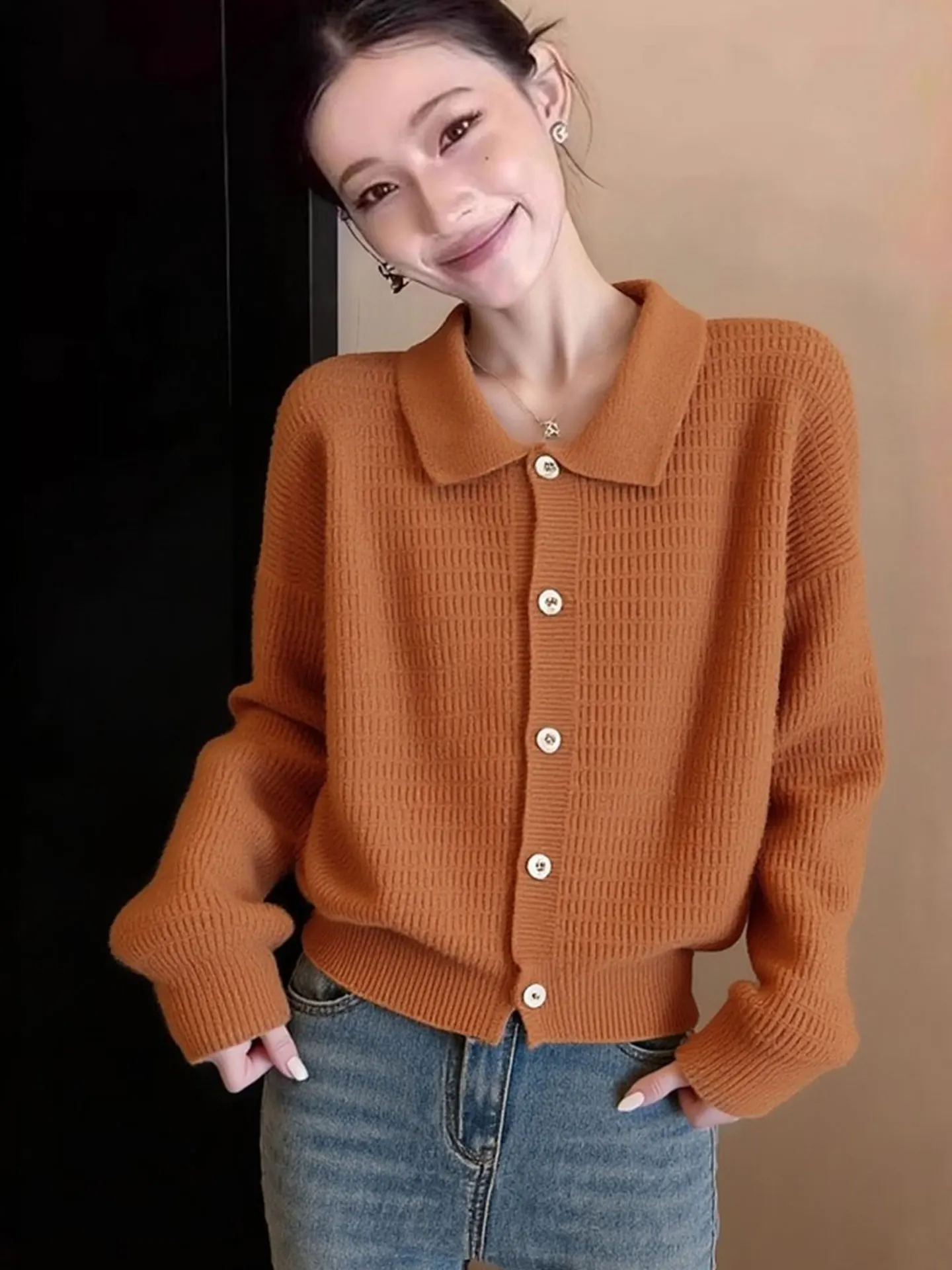 

Ele Pure Color Long Sve Knitted Sweater with Collar Single Button Spring Lazy Sle Women's Top High End European Brand