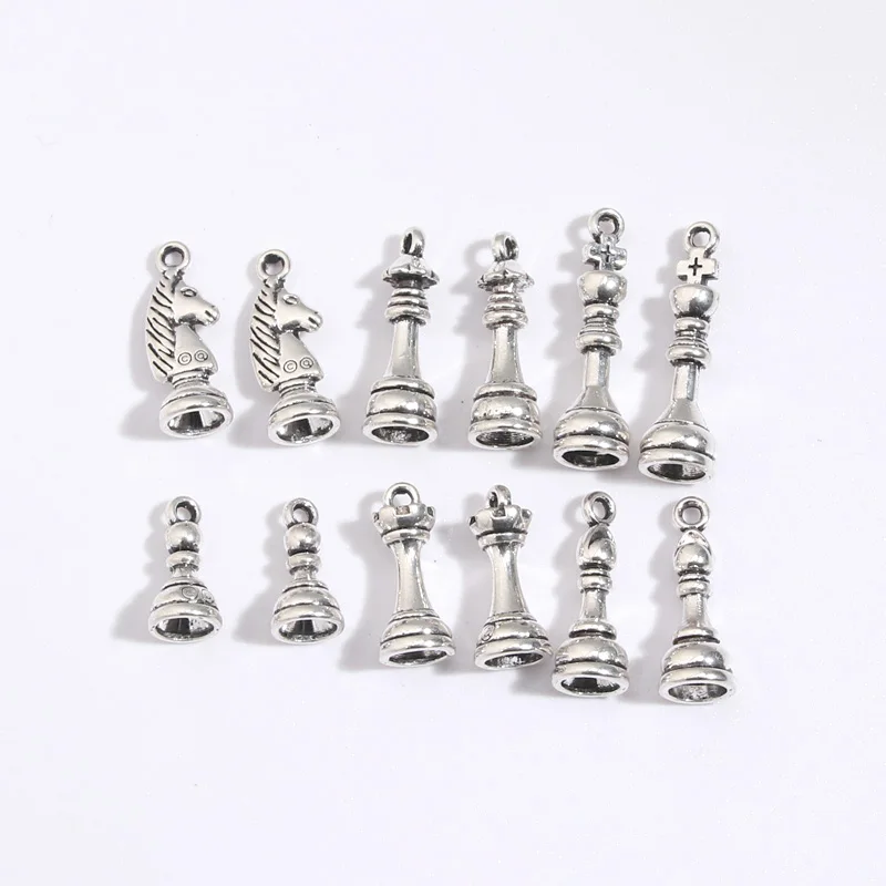 20pcs Silver Color Knight Bishop Pawn King Queen Rook Chess Charms Draughts Pendant Fit DIY Handmade Jewelry Finding Supplies