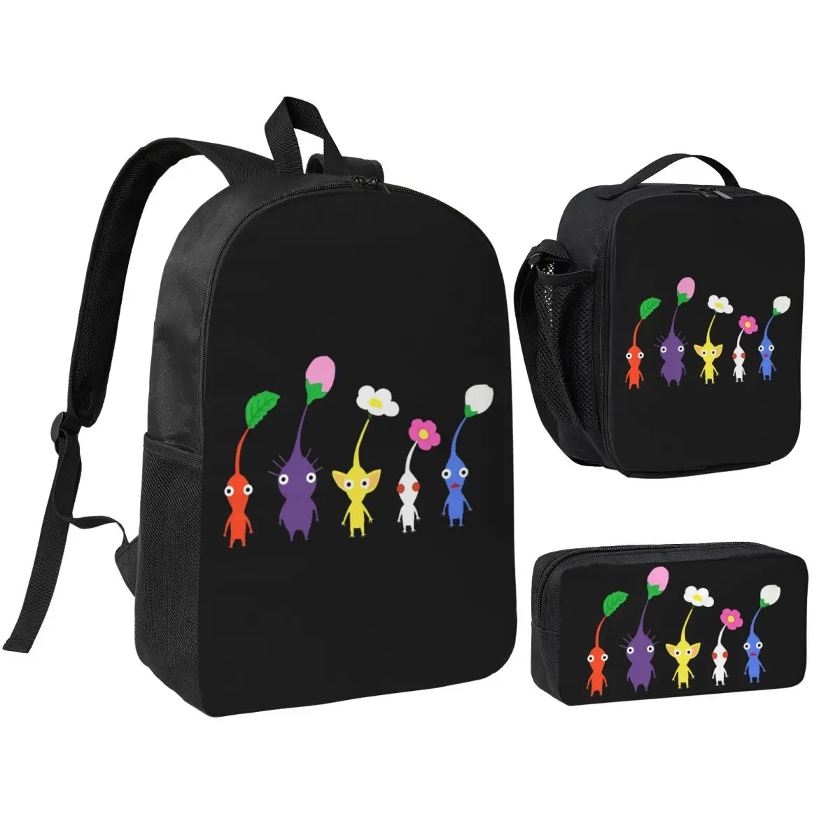 Cute Pikmin Pattern Blue Backpack Boys Girls BookBag School Bag Shoulder Bags 3ps Insulated Lunch Bag Pencil Case