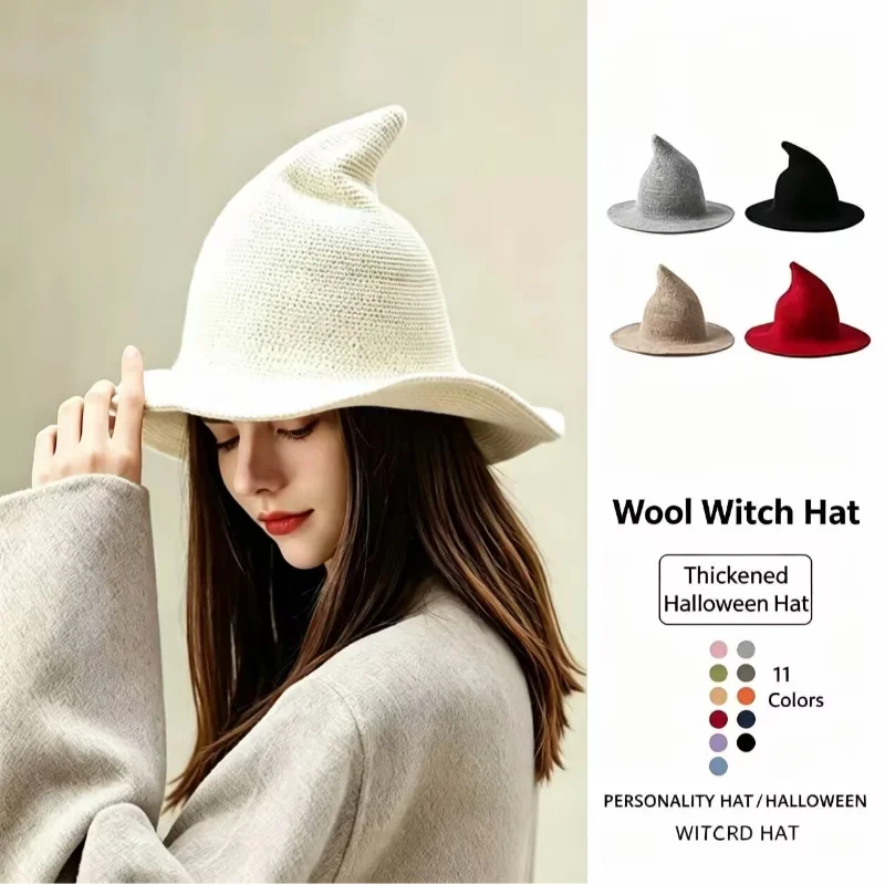 Halloween Witch Wool Knitted Hat Women Foldable Magic Pointed Hat Fashion Vintage Witch Hat Halloween Party Masquerade Accessory