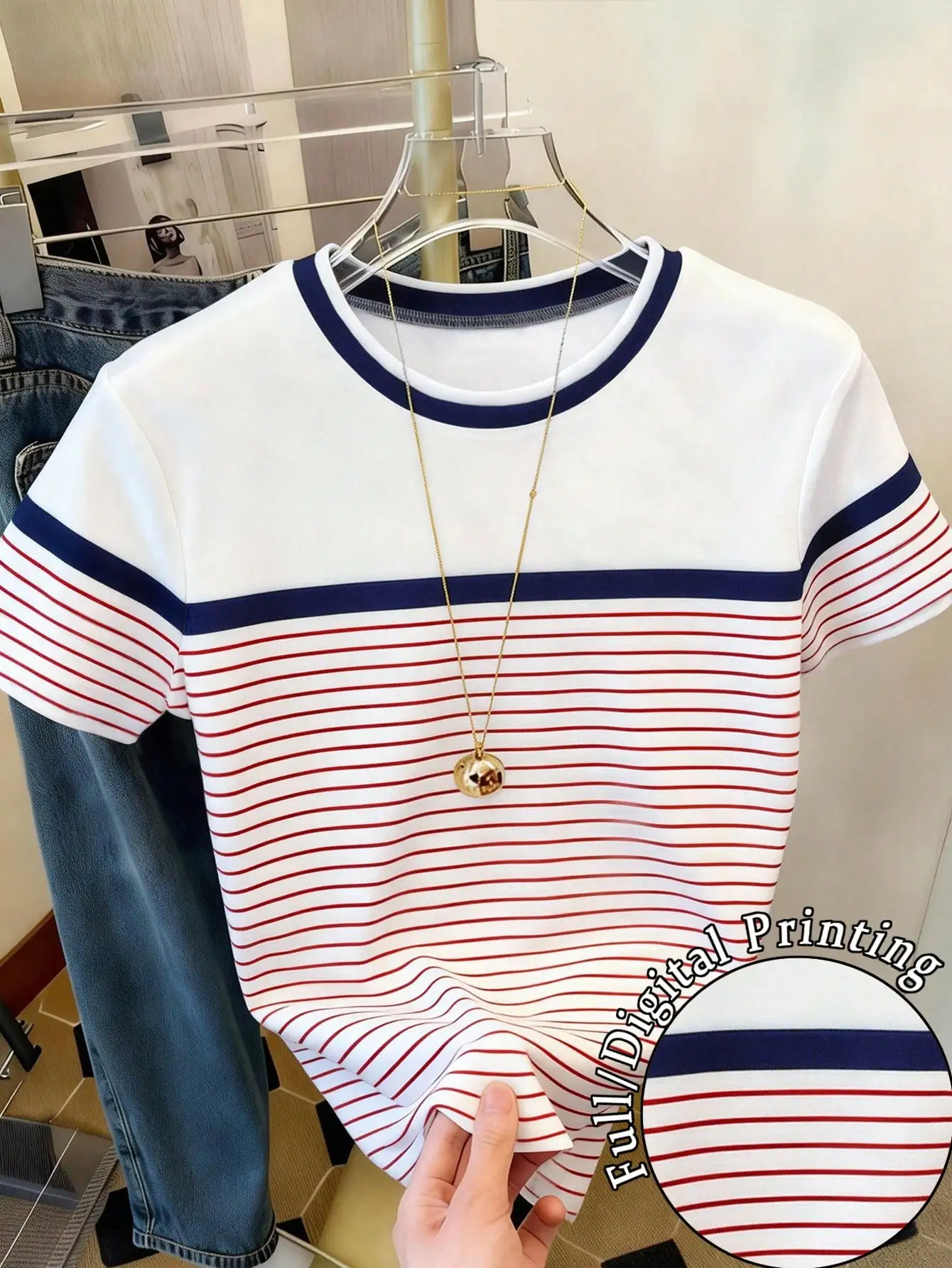 2026 Women Ringer T‑Shirt Color Block Striped O‑Neck Short Sleeve Tee Navy Red White Contrast Slim Fit Summer Casual Daily Top