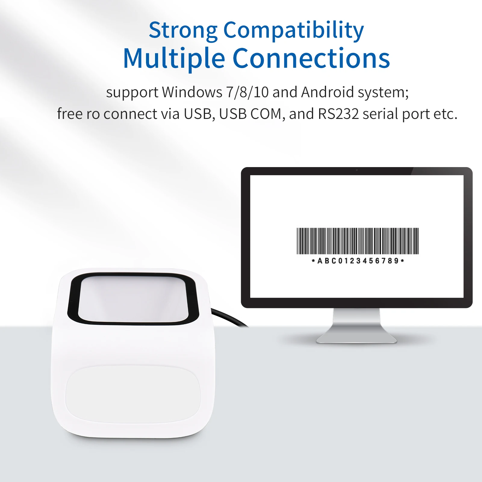 ماسح الباركود لسطح المكتب مع منصة ، 1D ، 2D ، QR ، بدون استخدام اليدين ، USB ، شريط سلكي ، قارئ ، متوافق مع النافذة ، نظام أندرويد