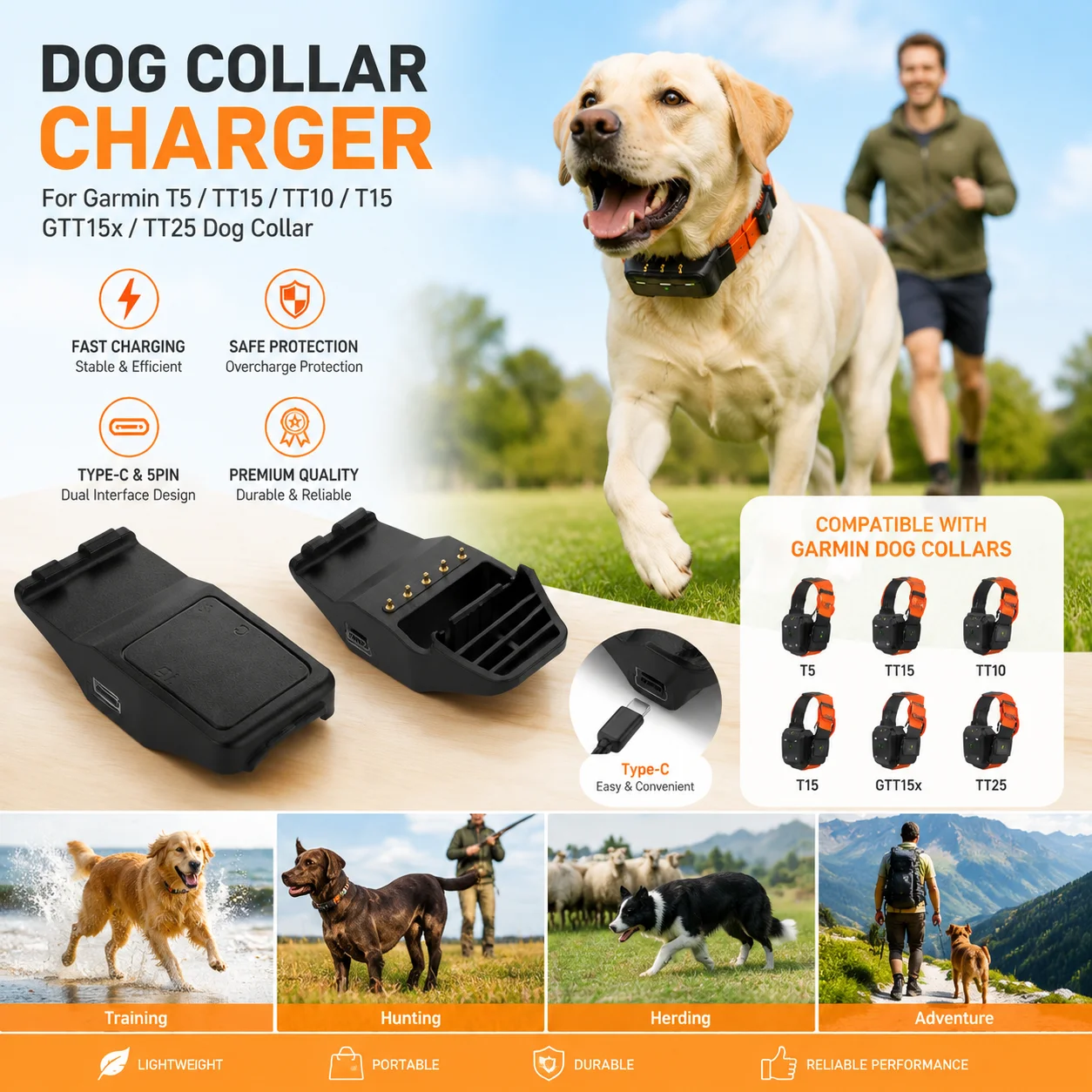 Charger For Garmin Pet Dog Collar T5 TT15 TT10 T15 GTT15x TT25 - Charging Clip Adapter, Type C Input,Pet Supplies