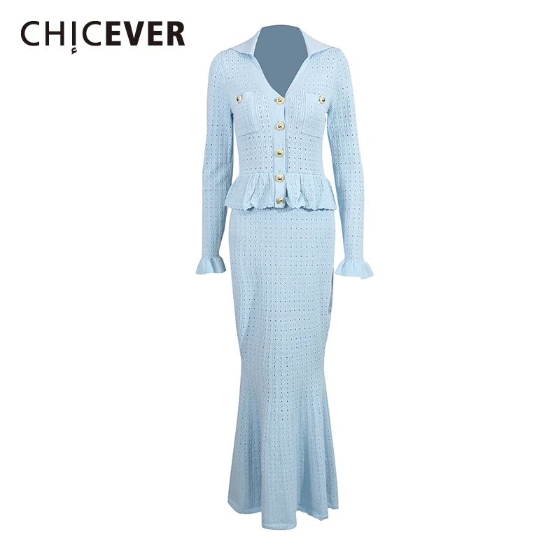 CHICEVER Solid Spliced Fungus Knit Gentle Dress Female Lapel Long Sleeve Slimming Casual Lazy Women's Dresses Autumn Fashion New