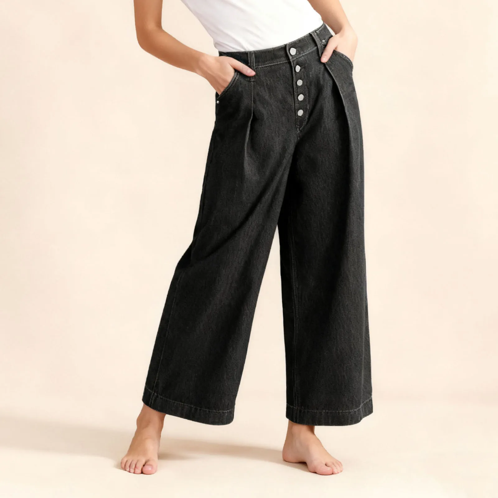 Damskie szerokie jeansy modne, codzienne, jednolite, luźne, o średnim stanie, spodnie dżinsowe z kieszeniami.