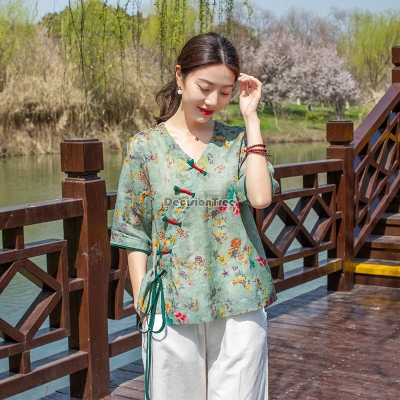 

2024 new retro chinese style daily qipao top exquisite floral embroidery colorful cotton line blouse v-neck diagonal buckle top