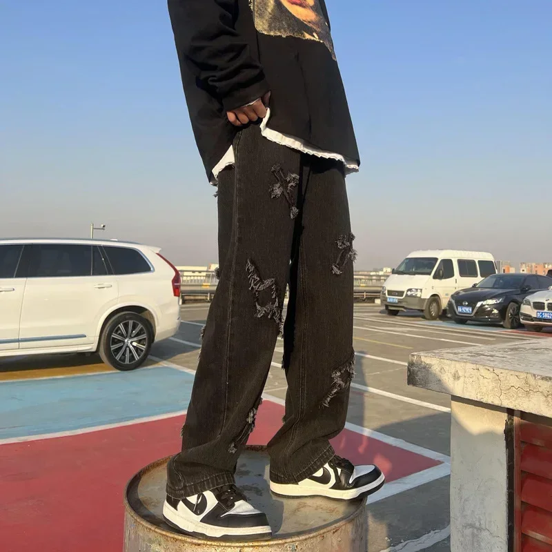 

Hip Hop Streetwear Y2k Mens Pants High Street Jeans Baggy Loose Straight Casual Pants 2023 Fashion Male Cross Patch New Trousers