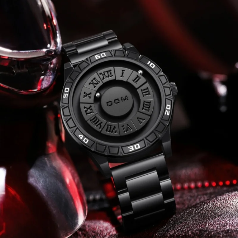 DOM 1726 Men\'s Quartz Watch Creative Fashion Personality Black Rolling Pointer Magnetic Waterproof Watches for Male Clock Gifts