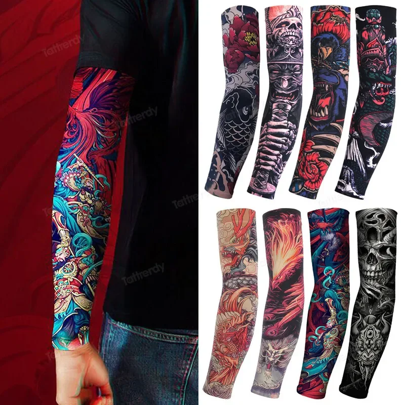 1Pair 2Pcs Men Tattoo Sleeves Anti-UV/Dust Hand Arm Sleeves Motorcycle Riding Bicycle Tattoo Sleeve Cool Dragon Skull Pattern