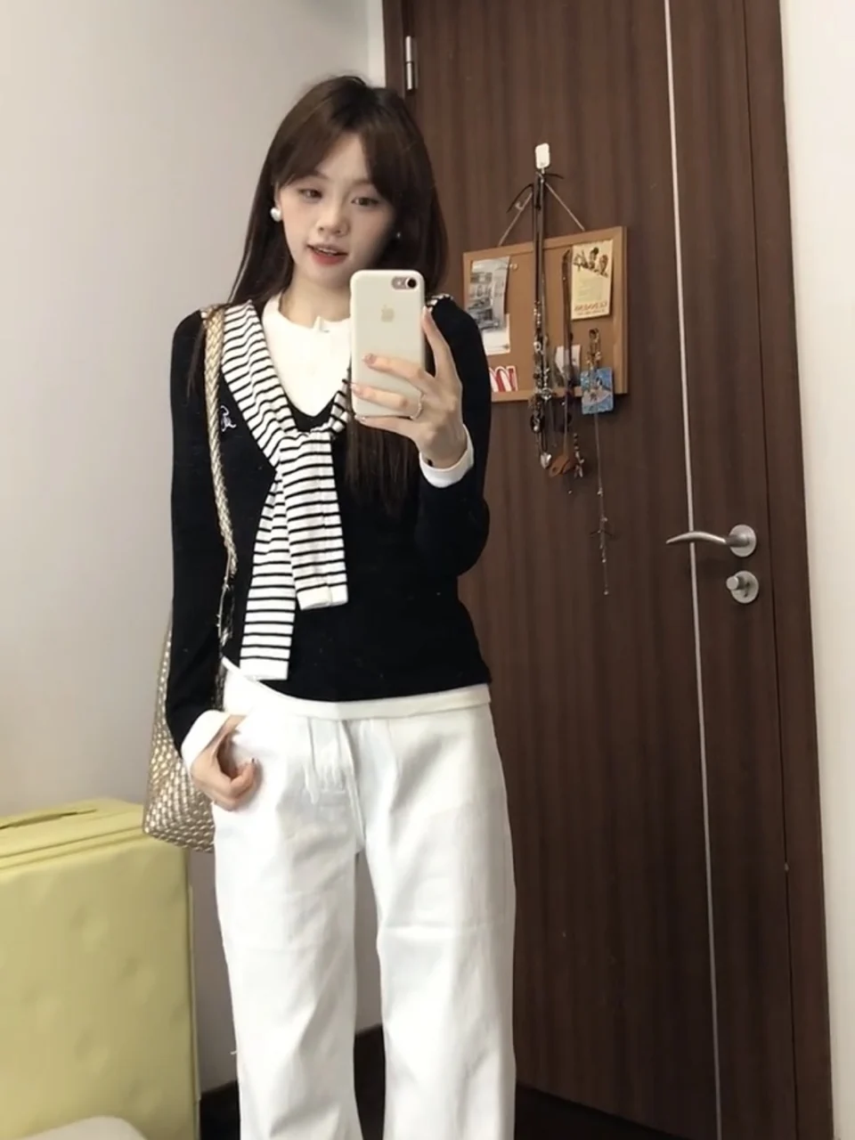 T-shirt lunga coreana Sle Sve da donna Autunno Design Stripe oulder Colletto Color Blo Base Top College Sle Falso in due pezzi