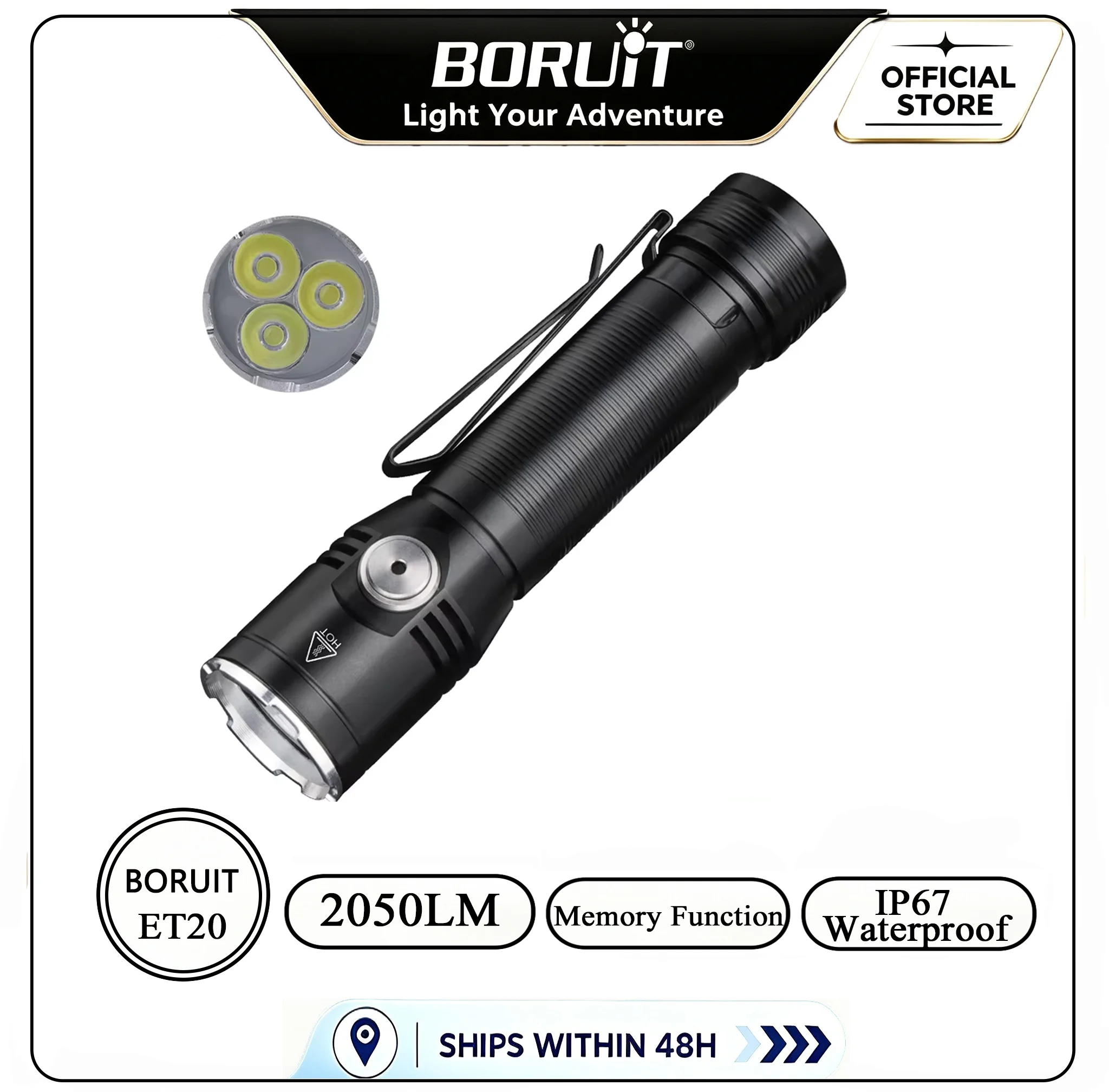 BORUiT ET20 2050LM Super Bright 3*LED Flashlight Type-c Rechargeable 6-Mode Torch Waterproof Emergency Camping Lantern