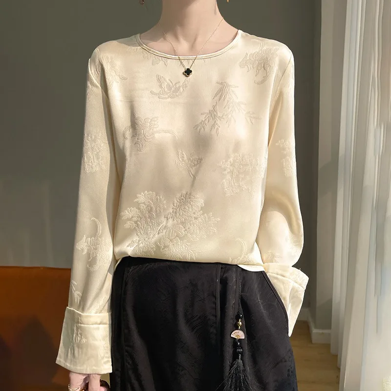 

Chinese Style Women Satin Shirts Long Sleeve Top Acetate Stain Pulovers O-neck Ladies Blouse Summer Ice Silk Women's Clothing