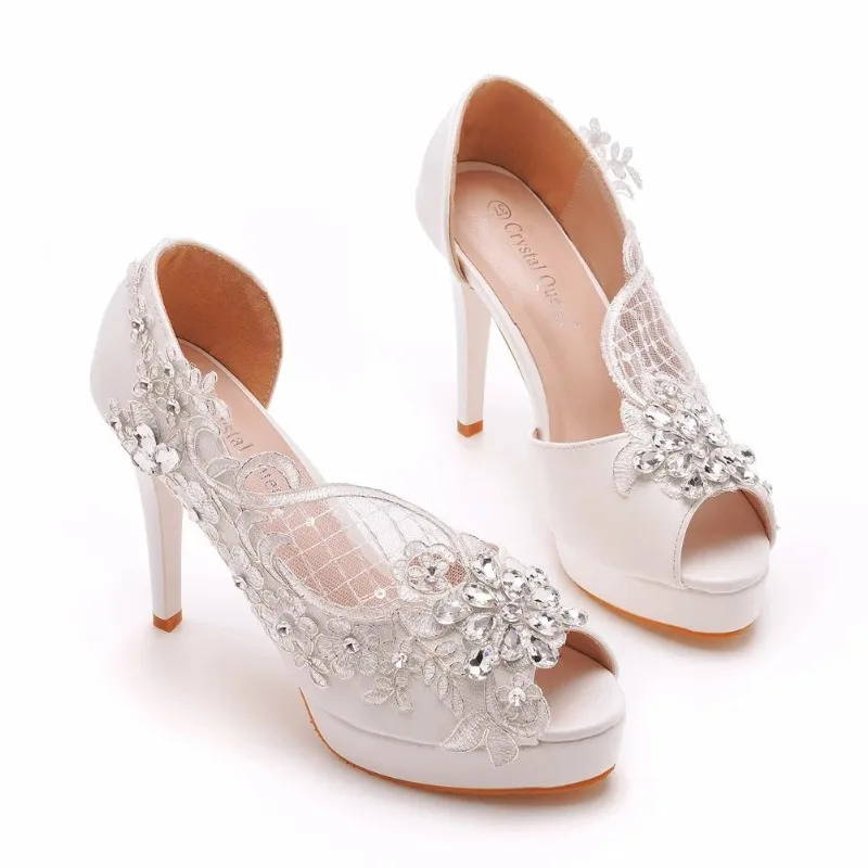 Summer Super High Stiletto Heels Ankle Women Sandals Wedding Lace Rhinestone PU 11CM Thin Heels Slip on Women Hollow Shoes