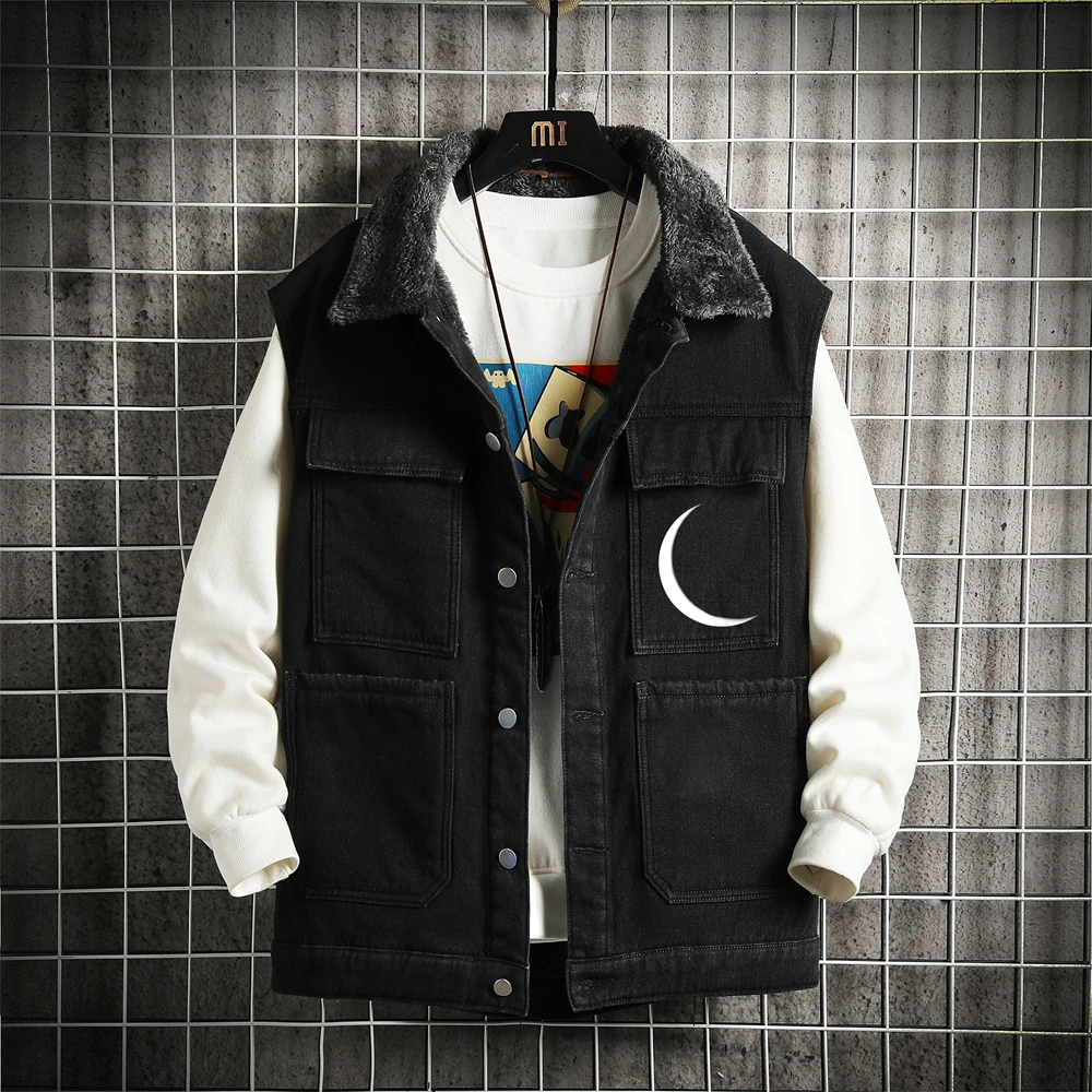 Men's Vintage Denim Vest Sleeveless Snap Button Jacket Fleece Lined Pockets Moon Print Retro Streetwear Winter Clothes