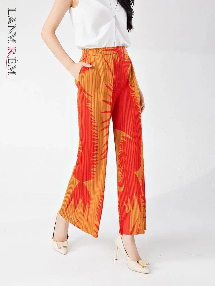 

LANMREM Print Pleated Wide Leg Pants For Women Elastic Waist Office Lady Ankle-length Trousers 2024 Summer New Clothing 2Z1903