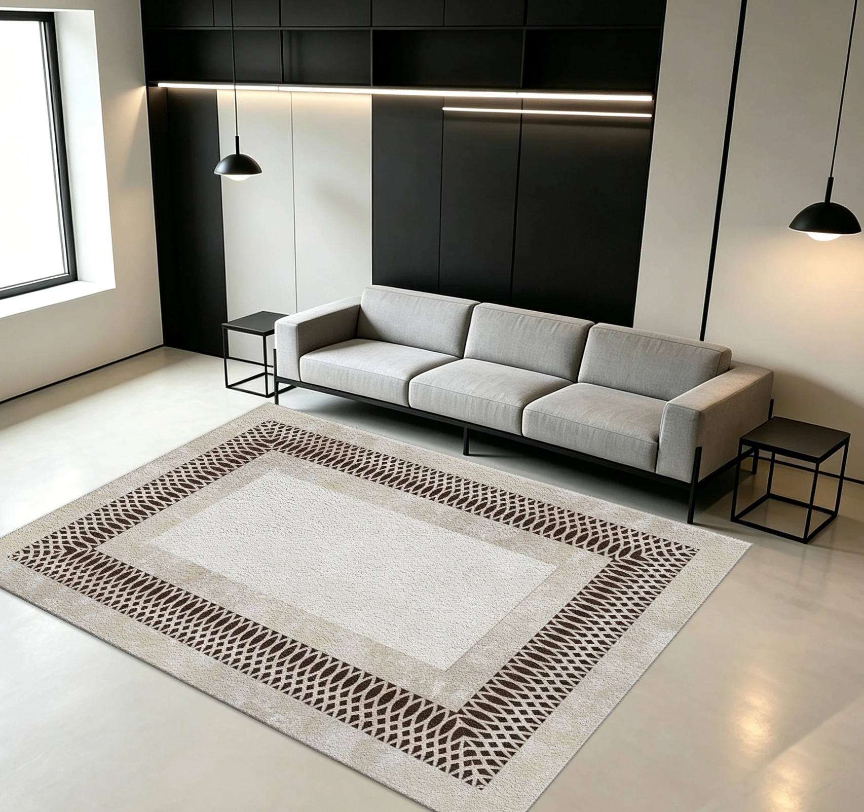 Neutral Tone Geometric Frame Carpet Flooring Elegant Home Space Decor Rug