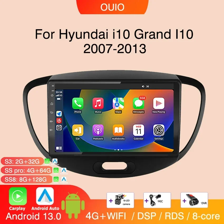 

8 ГБ + 128 ГБ Android 13 радио для Hyundai i10 Grand I10 2007 2008-2013 Автомагнитола Мультимедийный плеер Carplay Авто GPS-навигация