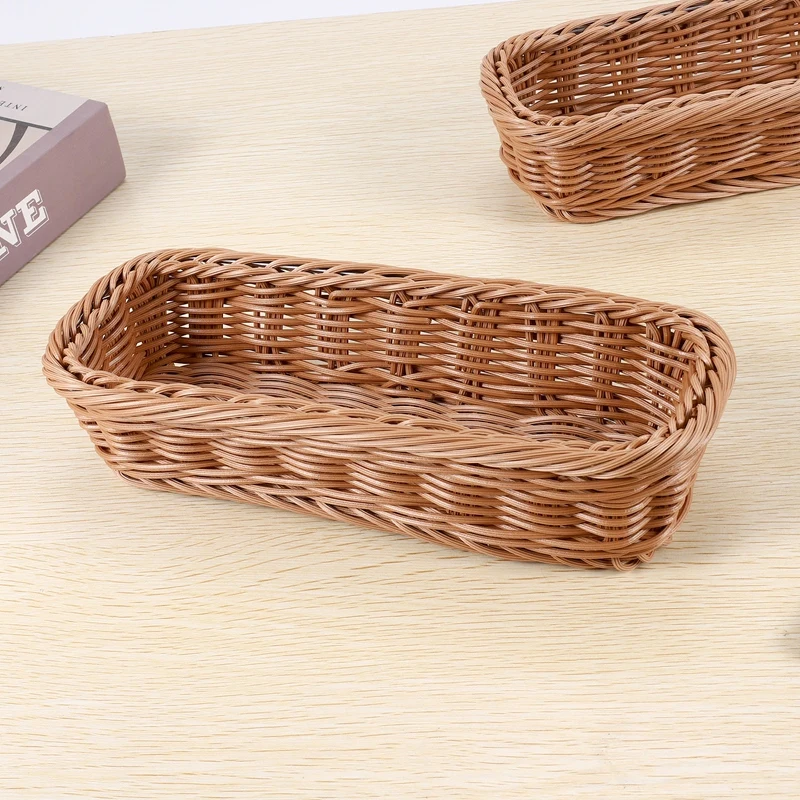 2Pc Rattan Plastic Basket Cutlery Basket Rectangular Storage Box Cutlery Fork Chopsticks Bread Cake Fruit Storage