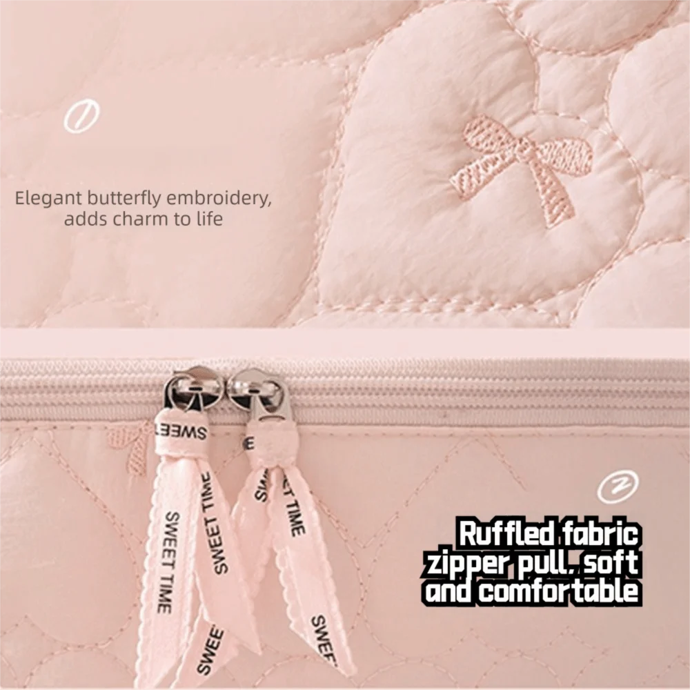 Fashion Quilted Makeup Bag Lightweight Heart Bow Lipstick Cosmetic Pouch Large Capacity Travel Toiletry Handbag for Women