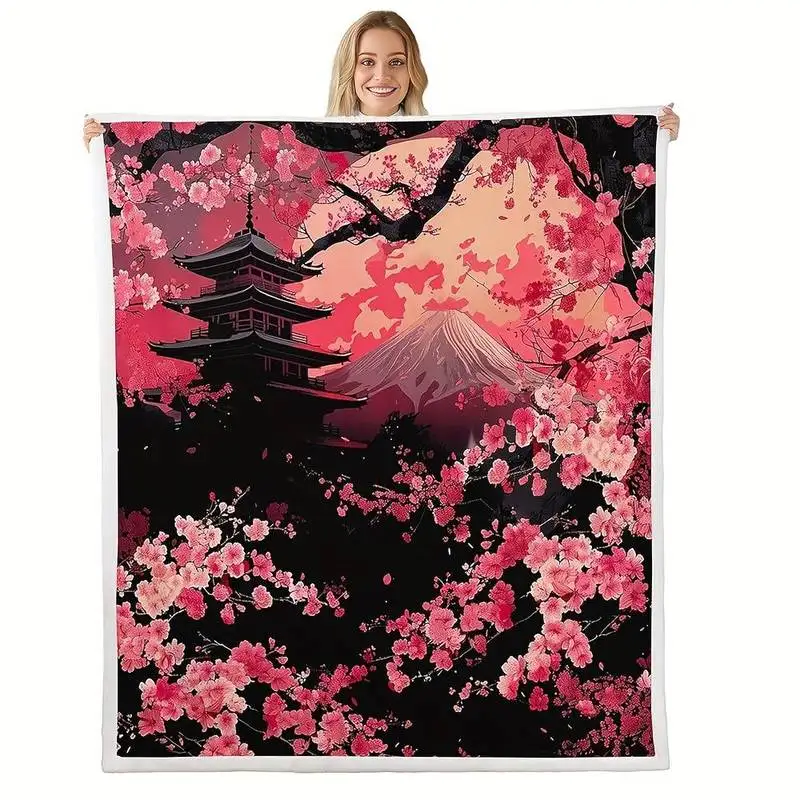 

Japanese Cherry Blossom & Mount Fuji Throw Blanket, Soft Cozy Flannel Blanket for Couch Sofa Bed, Japan Lover & Aesthetic Gift