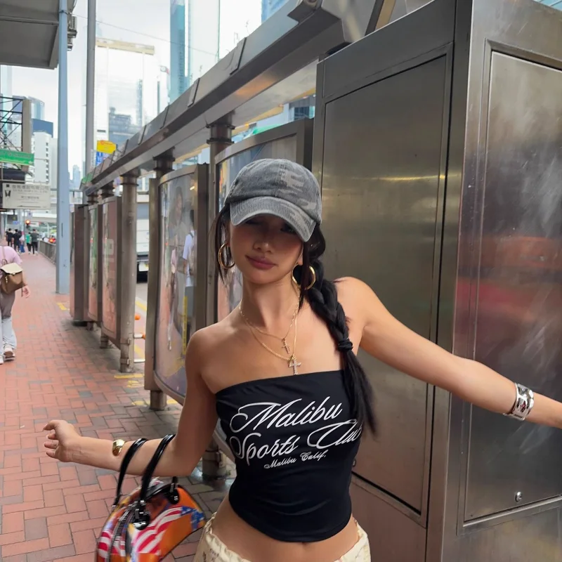 

Сексуальные женские модные укороченные топы из хлопка, летние, в новом западном стиле, с принтом-надписью, очень короткие, без рукавов, с открытым животом, одежда