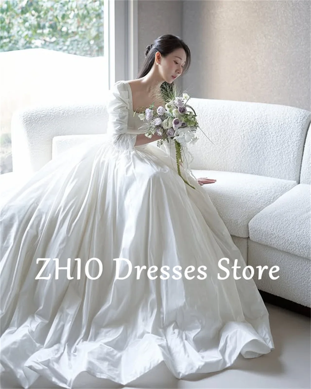 ZHIO Elegantes Hochzeitskleid mit quadratischem Kragen, bodenlang, A-Linie, Falten, Seide, Taftärmel, Brautkleid, Korea, Fotoshooting, individuell gestaltet