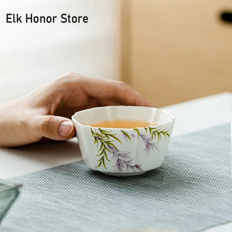 100ml Pure Hand-painted Wisteria Art Ceramic Teacup Luxury Sample Tea Cup Master Cups Puer Tea Bowl Teaware Supplies Decoration