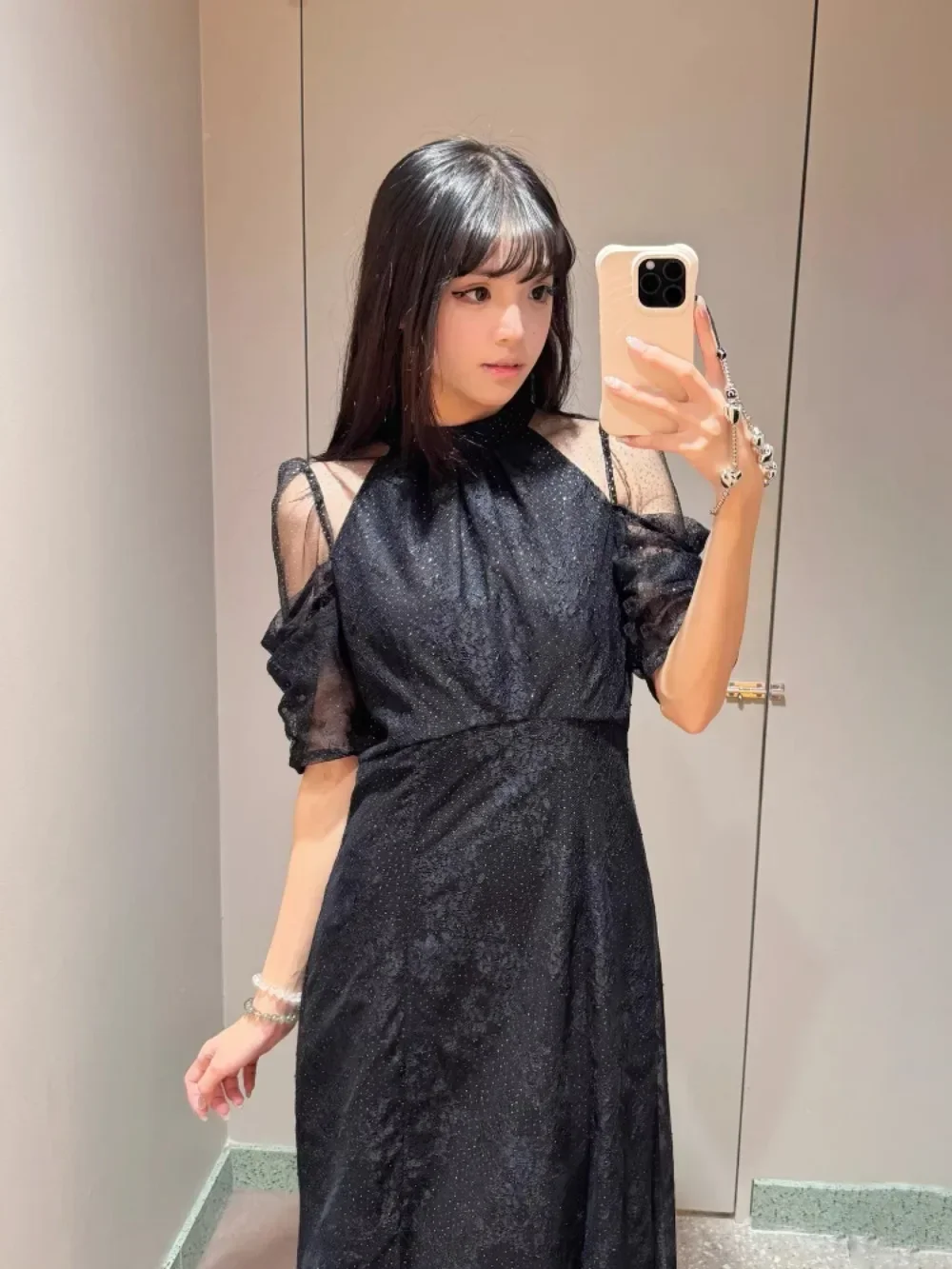 Heavy Work All-match Stand Collar Off Shoulder Lace Dress Sweet Puff Sleeve Solid Slim A-line Robe 2024 Autumn New Japan Vestido