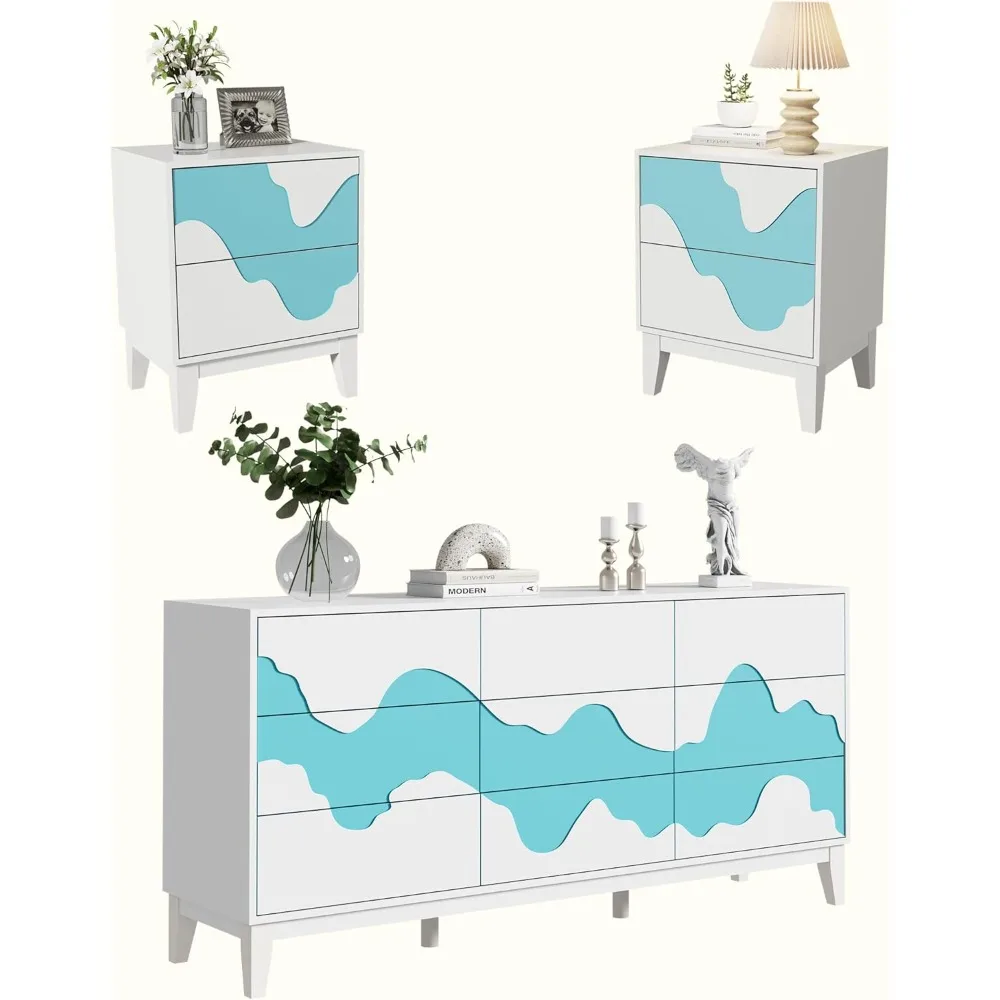 

Bedroom Furniture: 9-Drawer Dresser and Pair of Two-Drawer Nightstands - Water Stream Collection