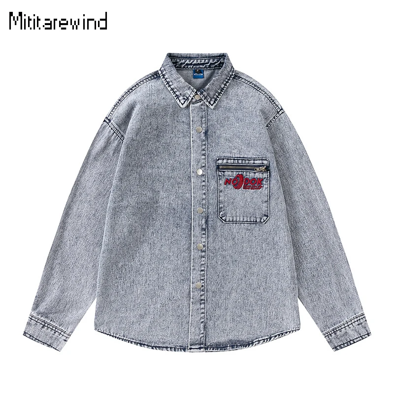 Korean Fashion Men and Women Denim Shirts & Blouses Workwear Long Sleeve Jean Tops Lapel Button Denim Shirt Unisex Loose Shirts