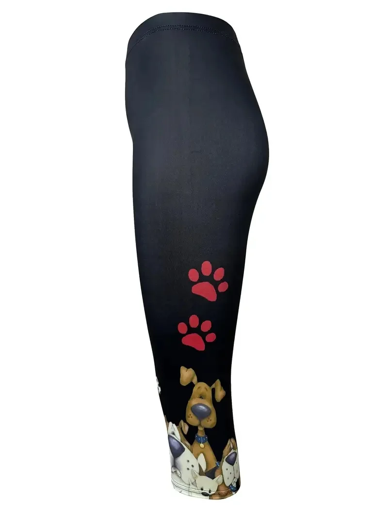 Dog footprints print elastic elastic waist slim casual leggings capri pants for women