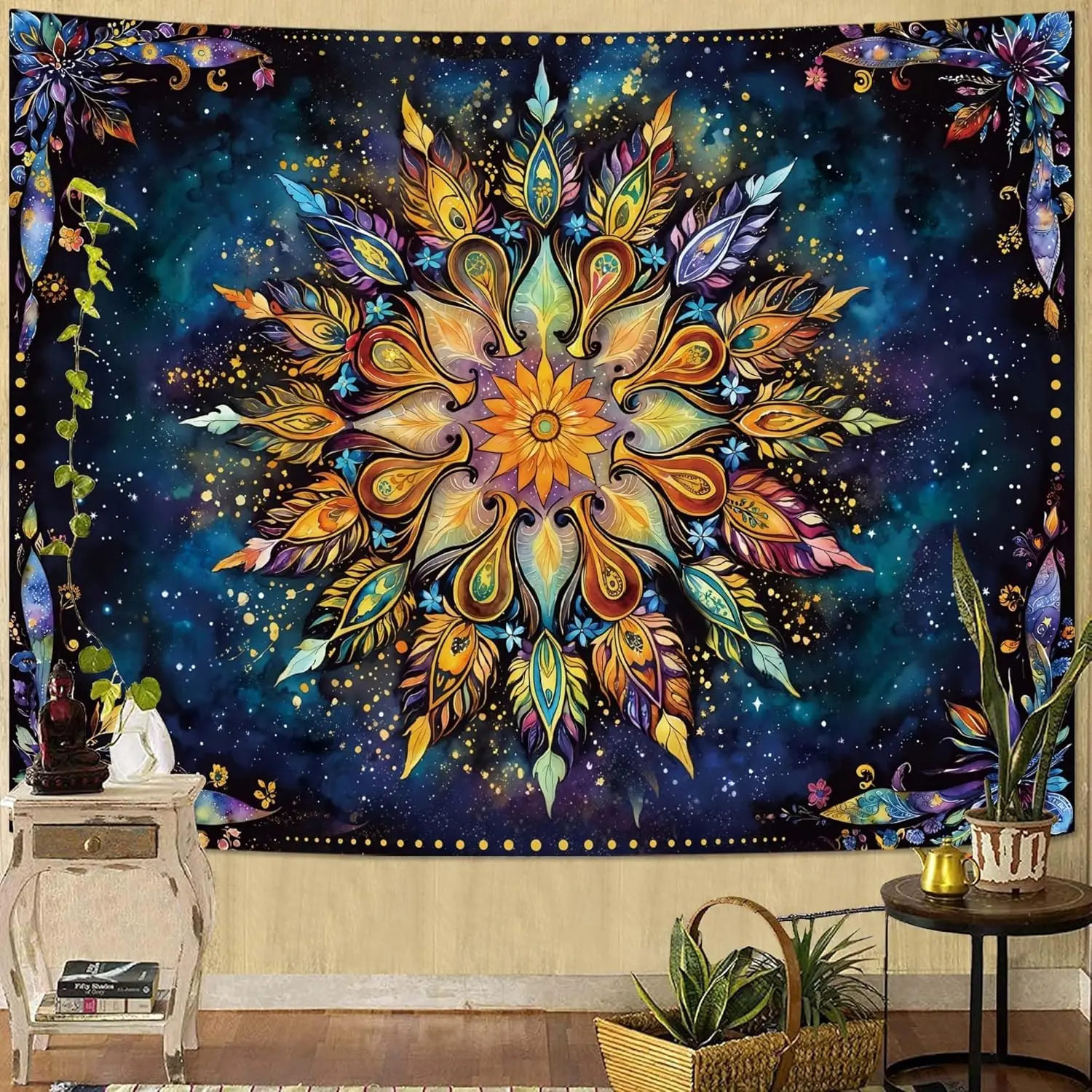 Bohemian Peacock Feather Mandala Tapestry, Colorful Floral Print with Starry Galaxy Background Large Wall Hanging for Bedroom