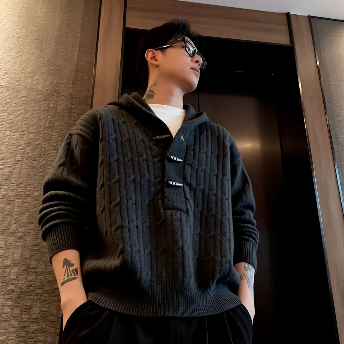 

Japanese Sle Knitted Casual Loose Men's irt Hat Patterned Outerwear Polyester Fiber Winter Commute Long Sve Ne