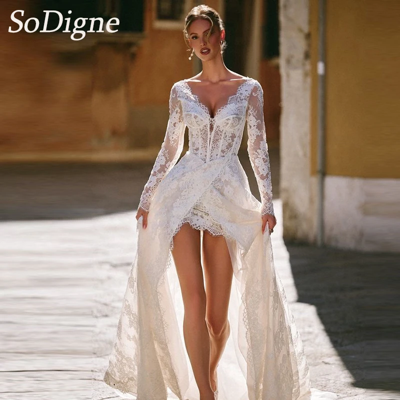 

SoDigne Lace Boho Wedding Dresses V-neck Full Sleeves Wedding Gown Split Long 2024 Bridal Dress Robe De Mairee