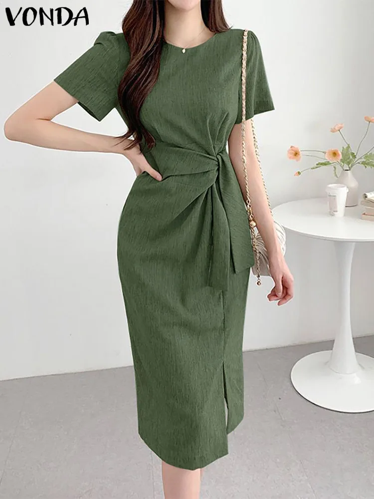 Women Elegant Short Sleeve Dress 2023 VONDA Fashion Solid Color Midi Dress Femininas Vestidos Vintage Office Dresses Oversized