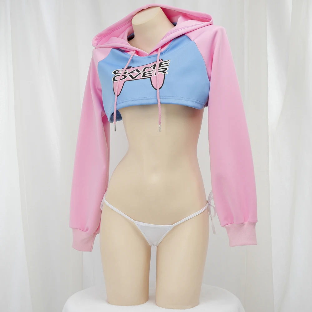 AniLV Game Over Anime Girl Pink Blue Short Hoodie Hooded Uniform Cosplay Costume