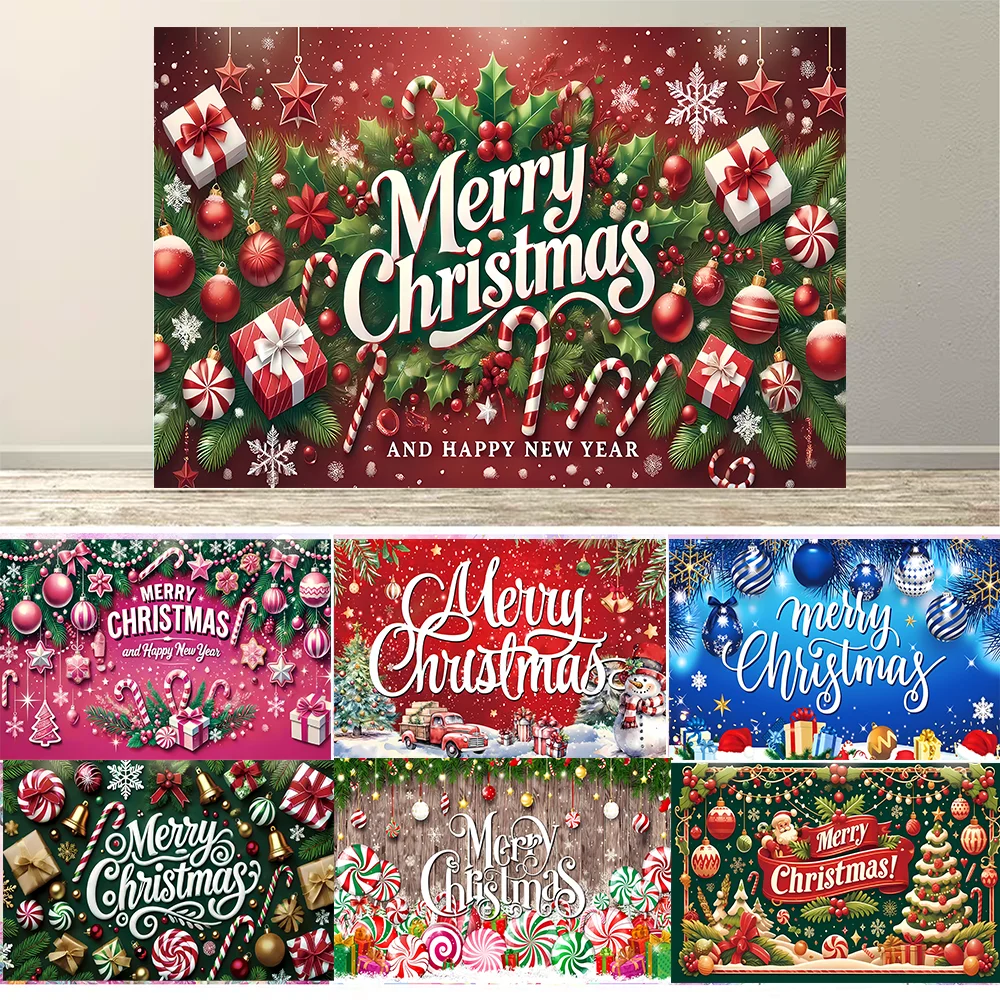 Christmas Backdrop Holiday Banner with Candy Snowflakes and Xmas Tree Decorations Photography Background for Party Wall Decor
