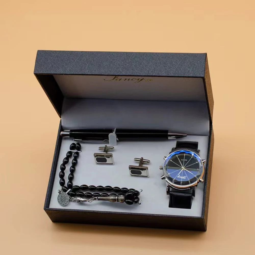 Men Watch Gifts Set Fashion Men\'s Quartz Wristwatch With Cufflinks  Rosary Bracelet Signature Pen Gift Box For Male Boy Father\'s