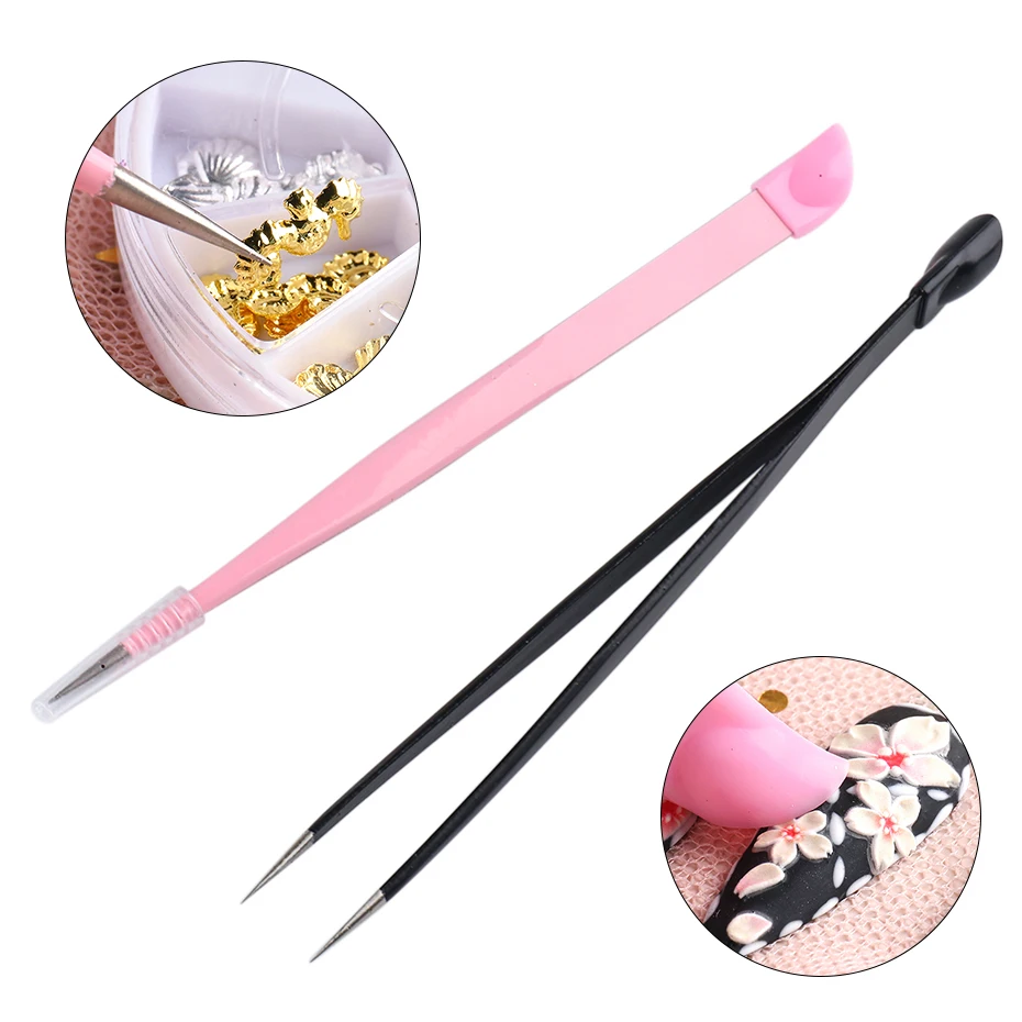 1pcs Double Sided Tweezers Multifunctional Nipper Nail Art Sticker Picker Forceps Silicone Pressing Head Manicure Tool LYSN01-02