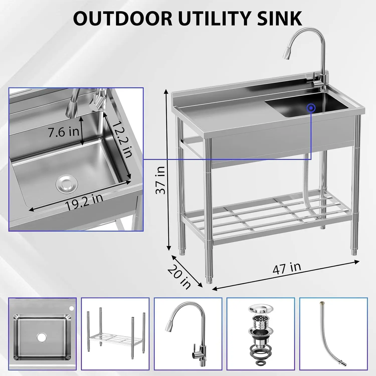 Stainless Steel Utility Sink, Free Standing Single Bowl Sink with Cold and Hot Water Pipe, Commercial Kitchen Utility Sinks for