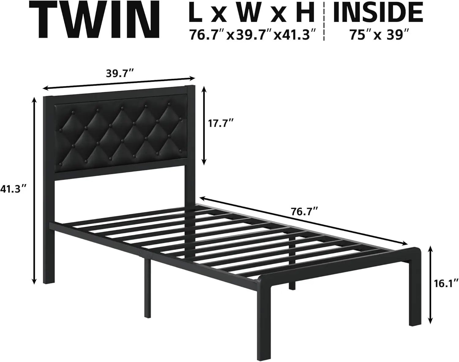 Twin Bed Frame with Headboard PU Leather Upholstered Bed Frame Platform, Storage Space,Easy Assembly,Noise Free,Black