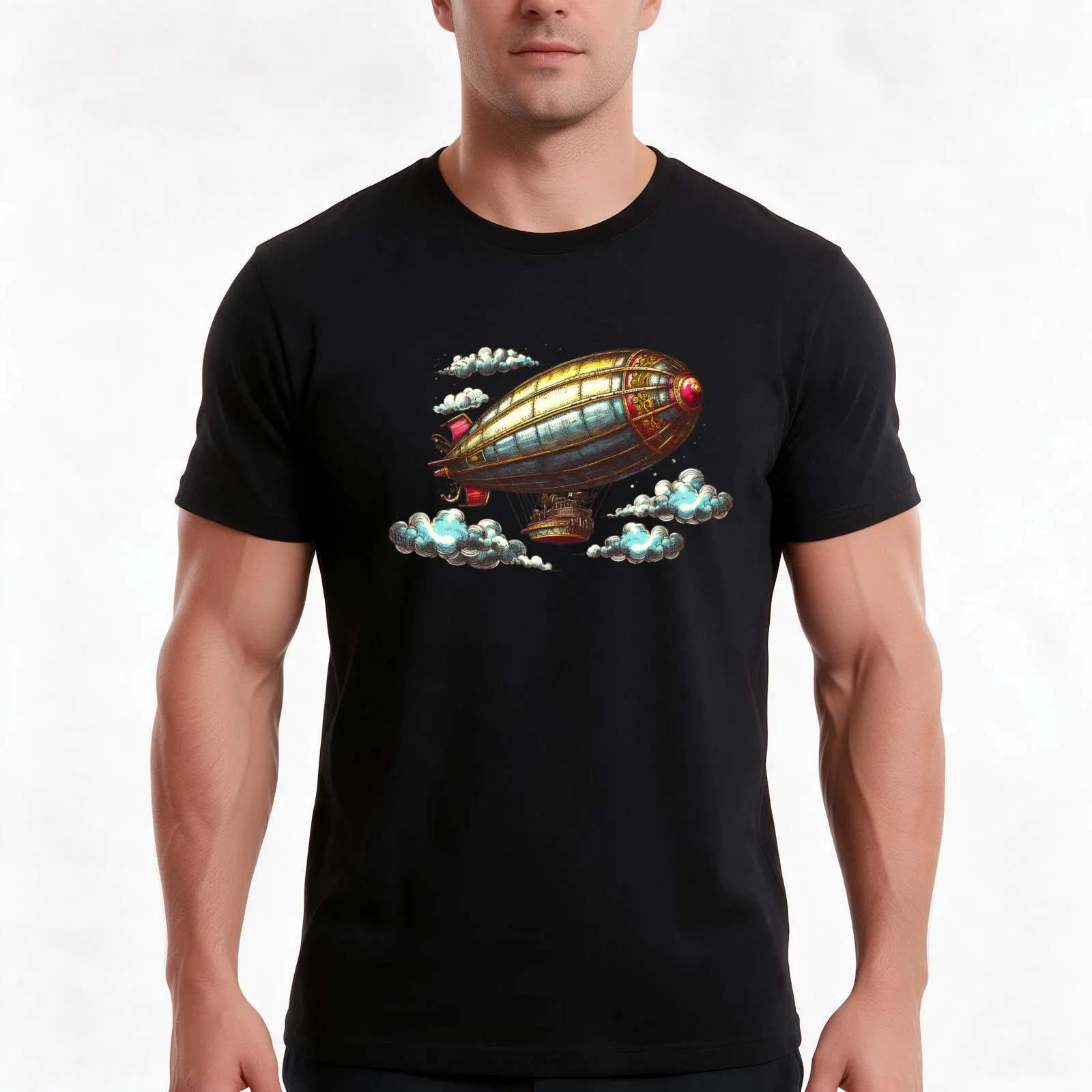Fantasy Steampunk Flying Zepplin T-Shirt, Summer Casual Cotton Tee, Oversized Streetwear Tops, Vintage Graphic Print