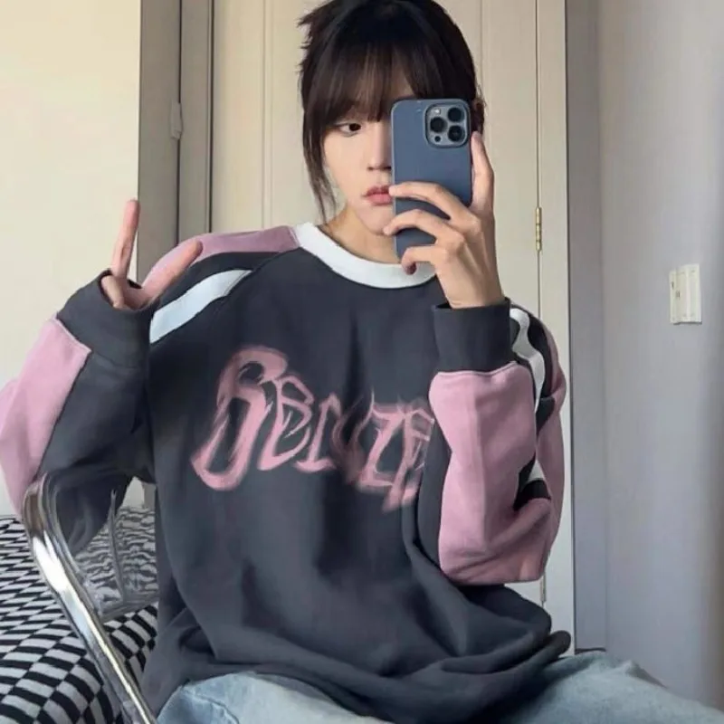 

HOUZHOU Y2K Vintage Oversized Sweatshirt Women Streetwear Patchwork Aesthetic Hoodie Hippie Autumn Harajuku Pullover Kpop Casual