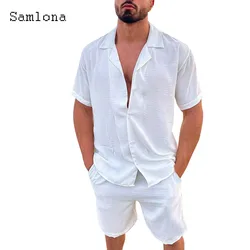 Conjuntos masculinos casuais de duas peças de linho, tops vintage, blusa e shorts brancos, roupas de treino de praia masculinas, plus size, 2024