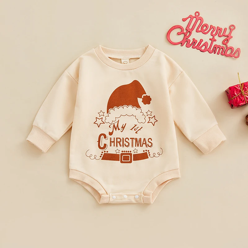 Infants Baby Boys Girls Christmas Romper Long Sleeve Crew Neck Letters Print Sweatshirts Bodysuit Jumpsuits Xmas Outfits