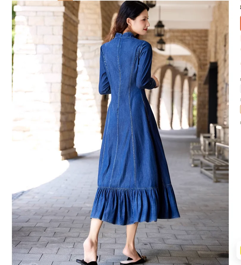 Autumn retro style denim lotus leaf long skirt with heavy embroidery dress