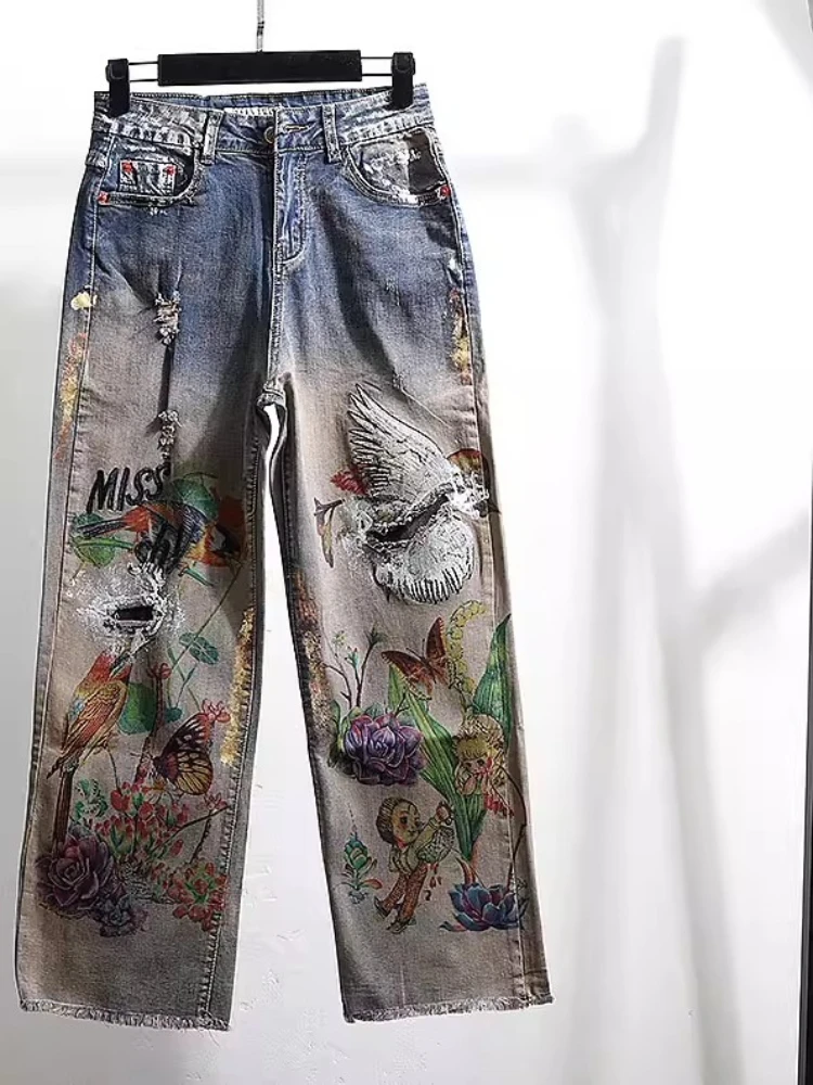 Vintage Street Printed Jeans 2026 New High Waist Slimming Embroidery Embroidery Fashion Trendy All-Match Mop Denim Wide Trousers