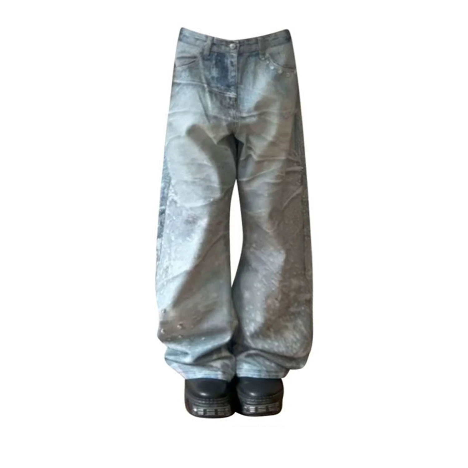 

Women's Y2K Baggy Jeans Vintage Washed Denim Pants with Unique Splatter Print Wide Leg Trousers Streetwear Casual Fashion Pants